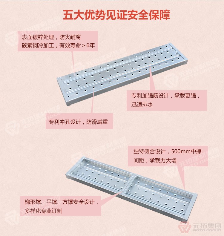 元拓鍍鋅鋼跳板五大優(yōu)勢見證安全保障，表面鍍鋅處理，防火耐腐，碳素鋼冷加工，壽命大于6年，加強筋設計，專業(yè)沖孔，防滑設計，