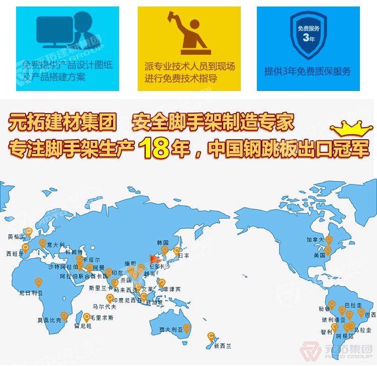 元拓建材集團，安全腳手架制造專家！專注腳手架生產(chǎn)18年，中國鋼跳板出口冠軍！